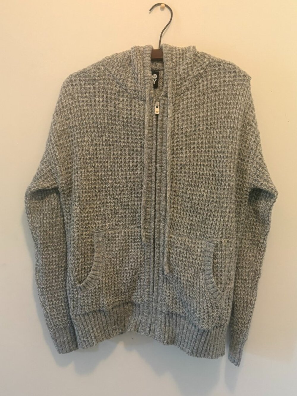 Grey Roxy Sweater with Zipper, Pockets, and Hood. Size Large. Retail $78.